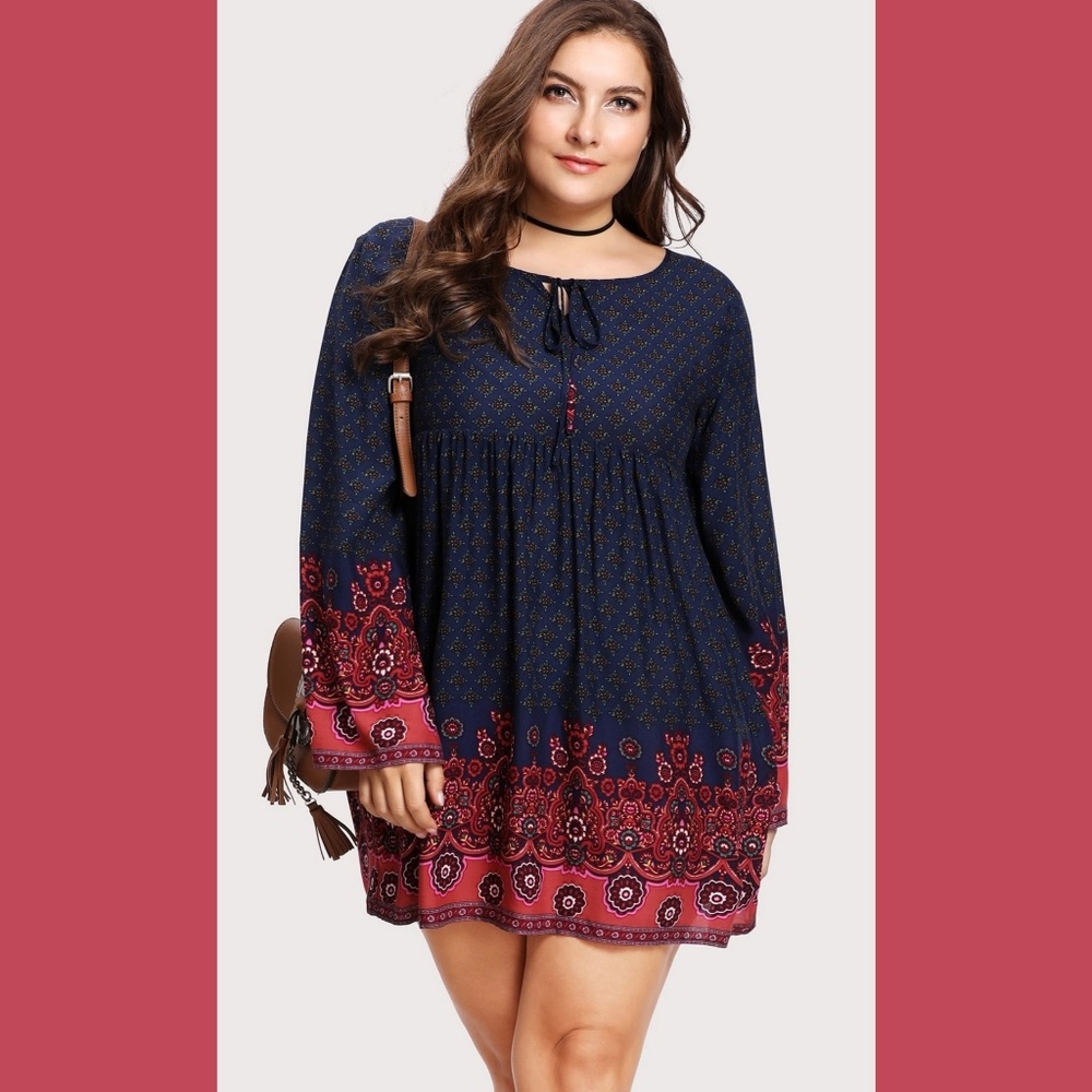 Plus size Tie Neck Ornate Print Dress